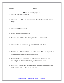 NASA Short Answer Worksheet