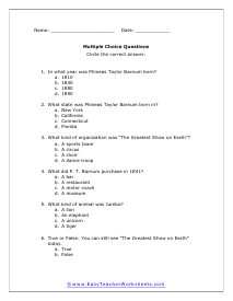 Circus Multiple Choice Worksheet