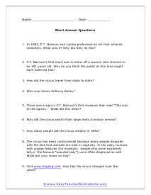 Circus Short Answer  Worksheet