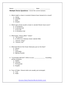 Clowns Multiple Choice Worksheet