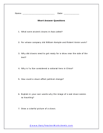 Clown Short Answer Worksheet