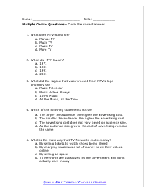 MTV Multiple Choice Worksheet