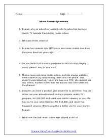 MTV Short Answer Worksheet