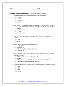 Left Hands Multiple Choice Worksheet