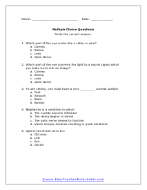 Eye Sight Multiple Choice Worksheet