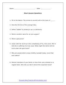 Eye Sight Short Answer Worksheet