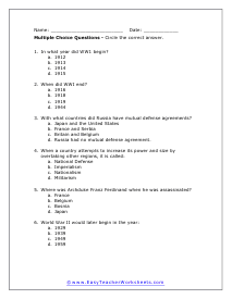 World War I Multiple Choice Worksheet