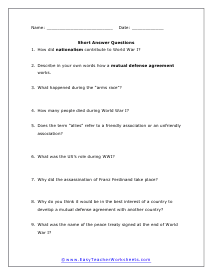 World War I Short Answer Worksheet