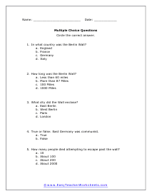 Berlin Wall Multiple Choice Worksheet