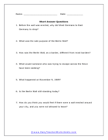 Berlin Wall Short Answer Worksheet