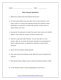 Panama Canal Short Answer Worksheet