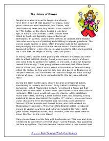 Clown History Reading Worksheet