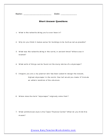 Skyscrapers Short Answer Worksheet