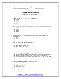 Pizza Multiple Choice Worksheet