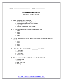 Labor Day Multiple Choice Worksheet