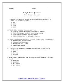 Illiteracy Multiple Choice Worksheet