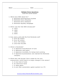 Nintendo Multiple Choice Worksheet