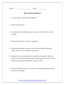 Nintendo Short Answer Worksheet