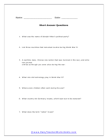 WW II Short Answer Worksheet