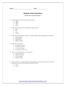 Potato Famine Multiple Choice Worksheet