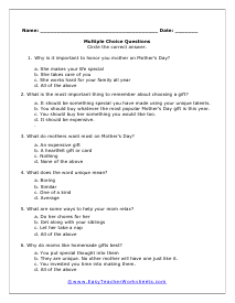 Mom Multiple Choice Worksheet
