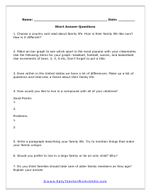 Family Short Answer Worksheet