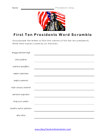 First Ten Presidents Word Scramble Worksheet