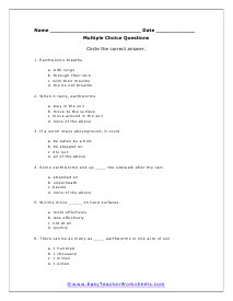 Earthworms Multiple Choice Worksheet