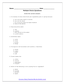 Vegetables Multiple Choice Worksheet