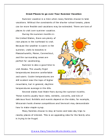 Summer Vacation Reading Worksheet