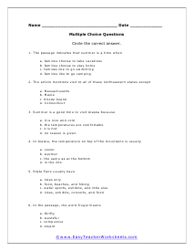 Great Places Multiple Choice Worksheet