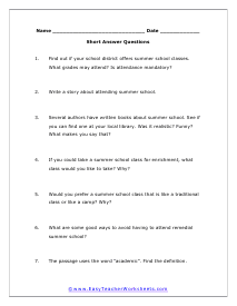 School Short Answer Worksheet