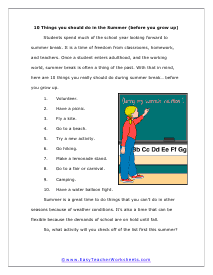 10 Things reading Worksheet