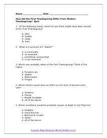 First Thanksgiving Worksheet