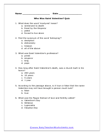 Saint Valentine Multiple Choice Worksheet