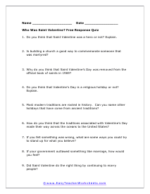 Saint Valentine Short Answer Worksheet