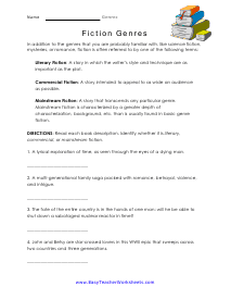 Fiction and It's Parts Worksheet