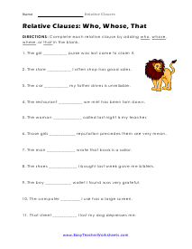 Who, Whose, That Worksheet