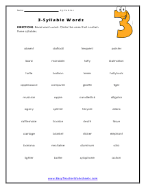 3-Syllable Words Worksheet