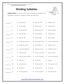 Dividing Syllables Worksheet