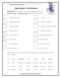 Synonyms or Antonyms Worksheet