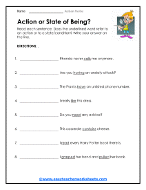 Action or State of Being Worksheet