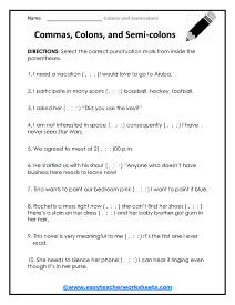 Commas, Colons, and Semi-colons Worksheet