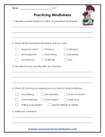 Practicing Mindfulness Worksheet