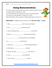 Using Demonstratives Worksheet