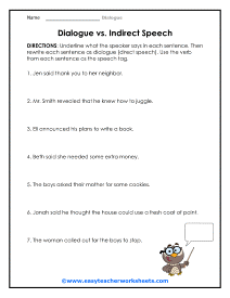 Dialogue vs. Indirect Speech Worksheet