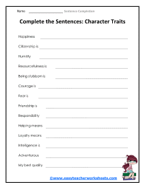 Traits of a Sentence Worksheet