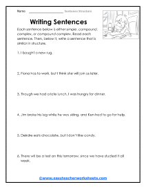 Writing Sentences Worksheet