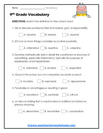 9th Grade Worksheet