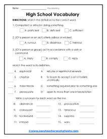 High School Vocabulary Worksheet